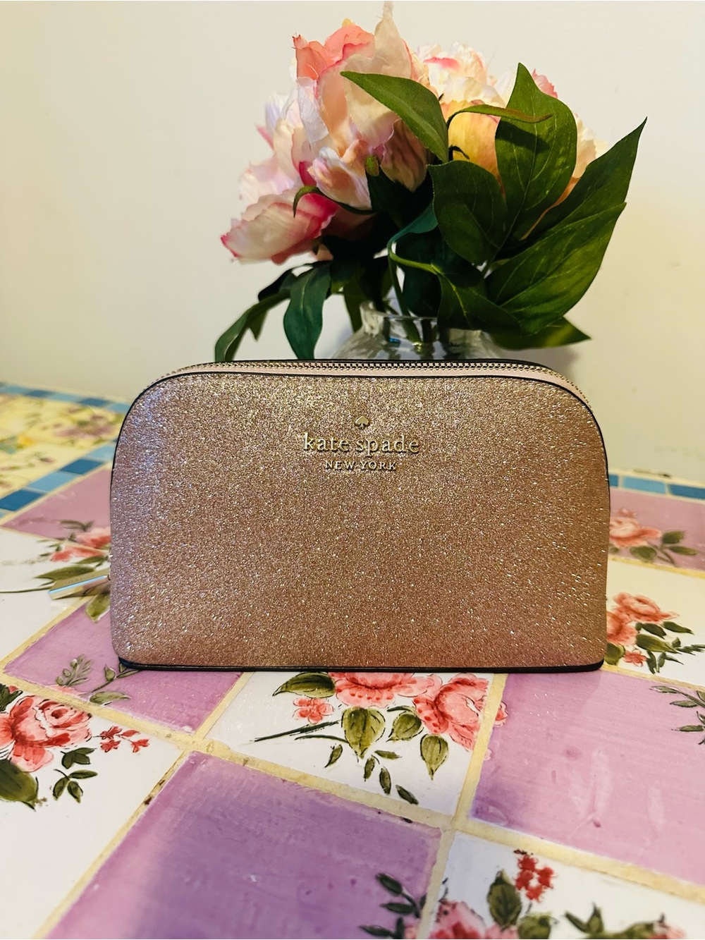 Kate Spade Rose Pink Gold Glitter Dome Cosmetic Pouch